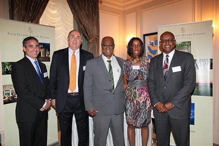 (L to R) Mr. Dominik Fehr- Public Relations at Henley and Partners, Mr. Terry Scanlan of Four Seasons Resort Estates, Premier of Nevis and Minister of Finance, the Hon. Joseph Parry, Personal Assistant to the Premier- Ms. Juliet O' Loughlin and Permanent Secretary in the Ministry of Finance, Mr. Laurie Laurence at the Henley and Partners St. Kitts -Nevis Investment Seminar in Zürich, Switzerland